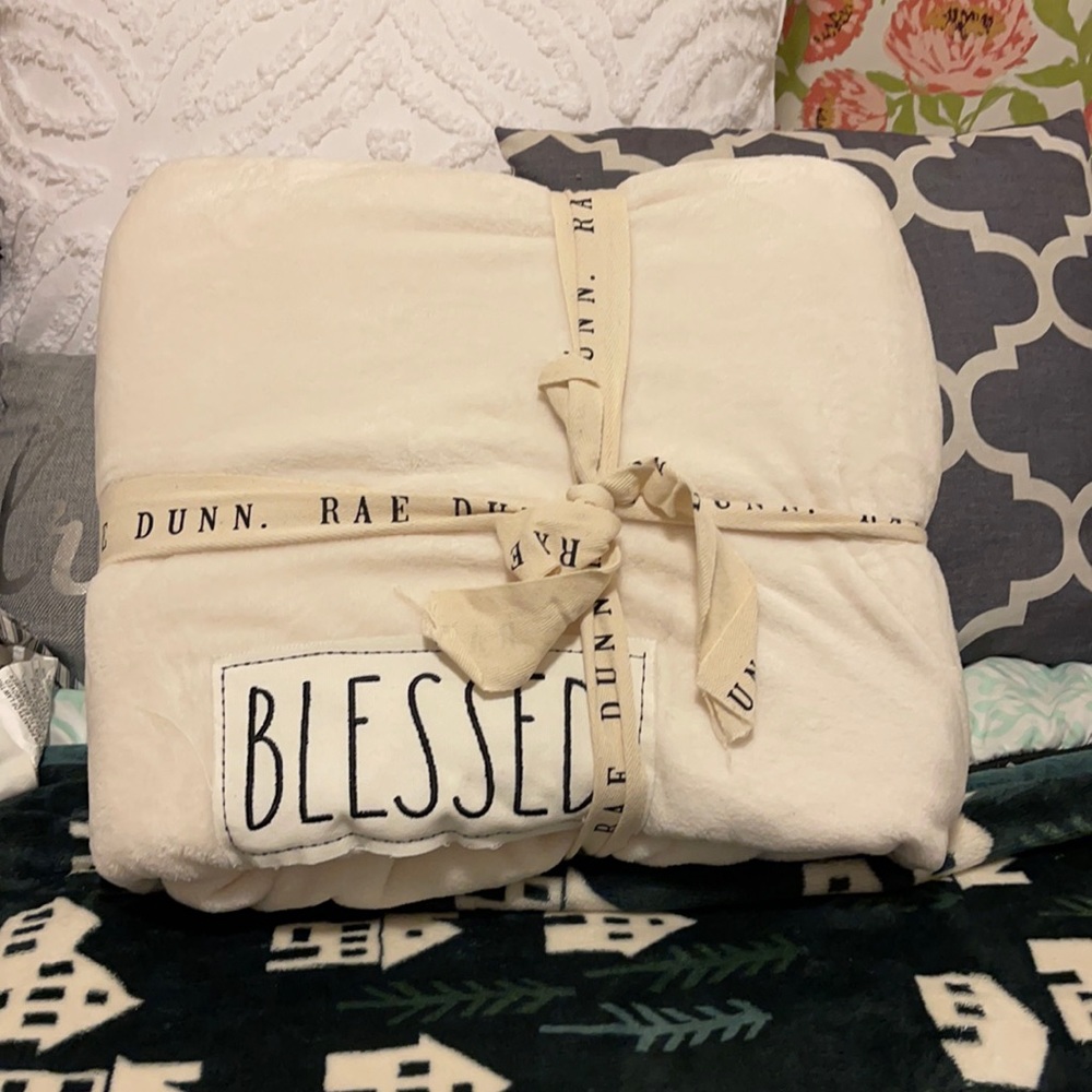 Rae Dunn "Blessed" Embroidered Plush Queen Blanket